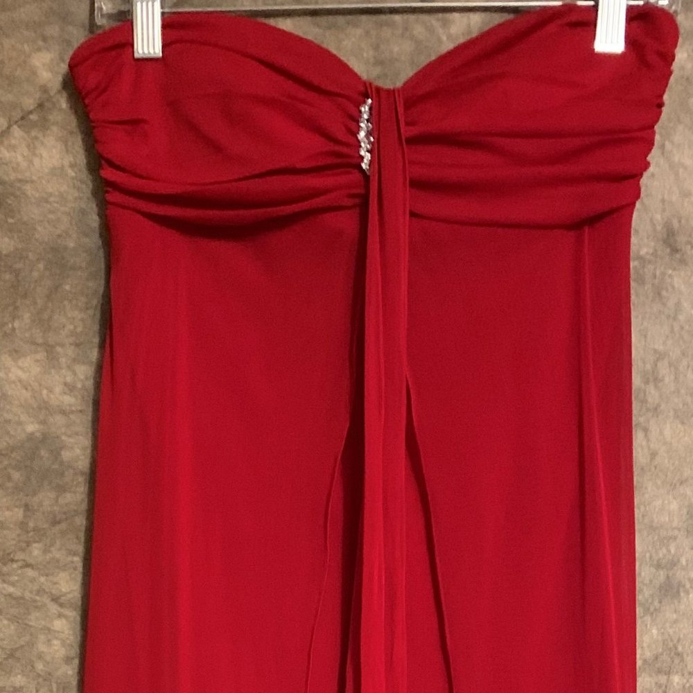 Red strapless evening gown
